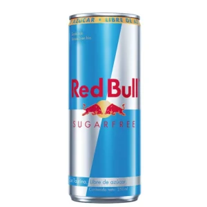 Lata de bebida energética Red Bull Sugarfree sin azúcar de 250 ml vista de frente sobre fondo blanco.